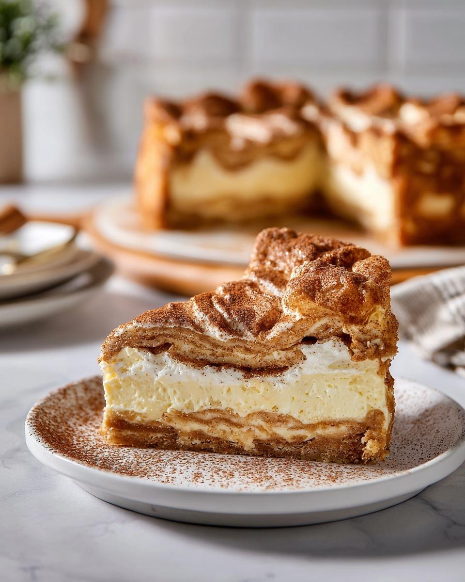 Gros plan d'une tranche de cheesecake aux churros crémeuse et garnie de cannelle.