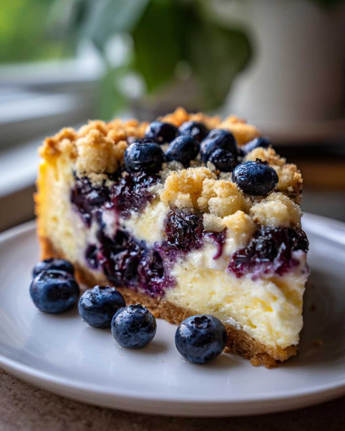 Gros plan sur une part de cheesecake citron myrtille crumble avec des myrtilles fraîches et une garniture croustillante.