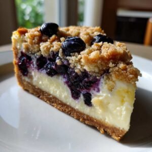 Gros plan sur une part de cheesecake citron myrtilles crumble, avec des myrtilles fraîches et une garniture croustillante.