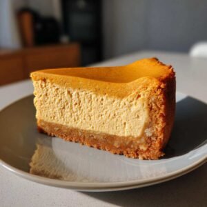 Gros plan d'une part de cheesecake citrouille keto sans cuisson sur une assiette grise, avec une croûte croustillante et une garniture crémeuse.