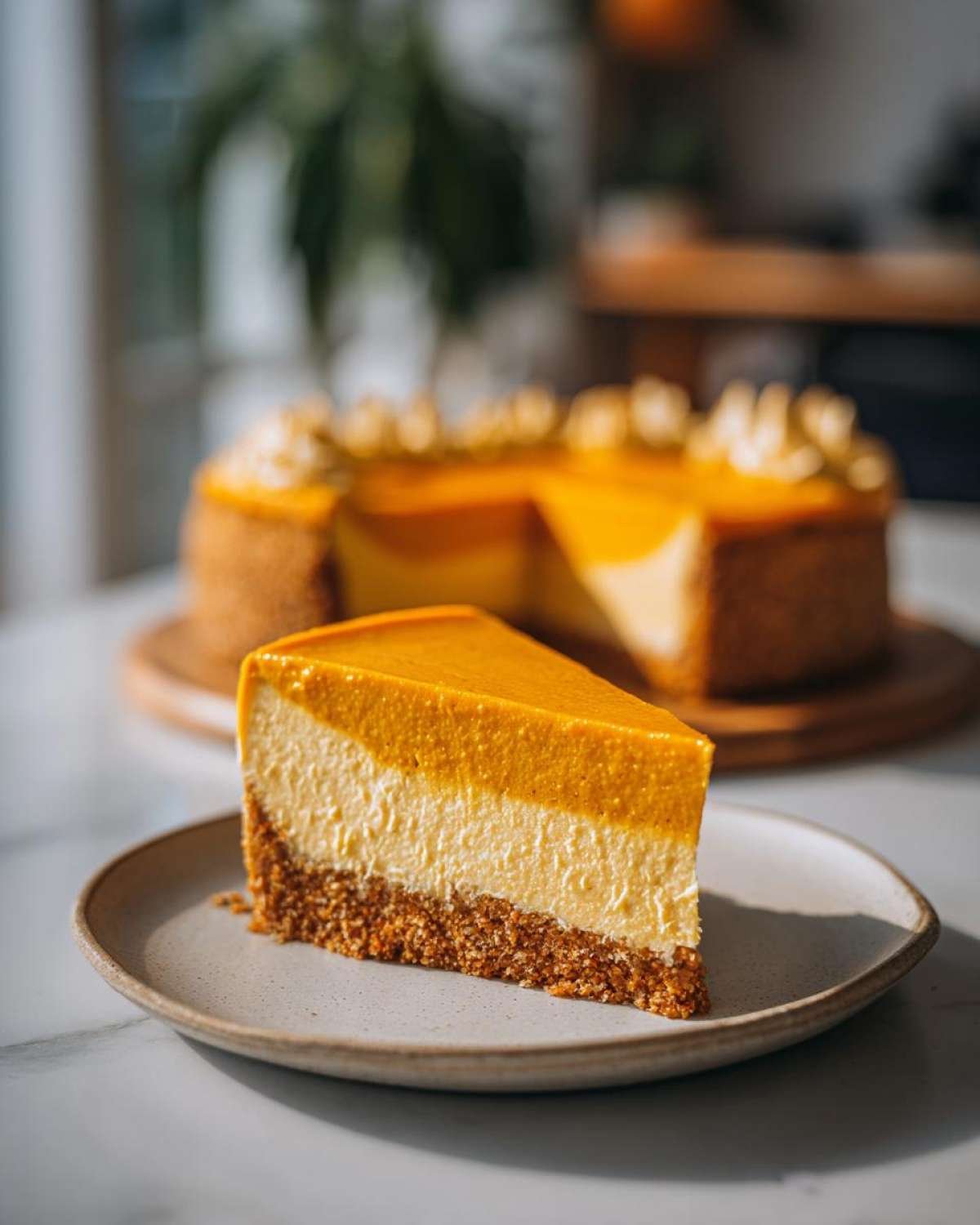 Gros plan d'une part de cheesecake citrouille keto sans cuisson sur une assiette, avec le gâteau entier en arrière-plan.