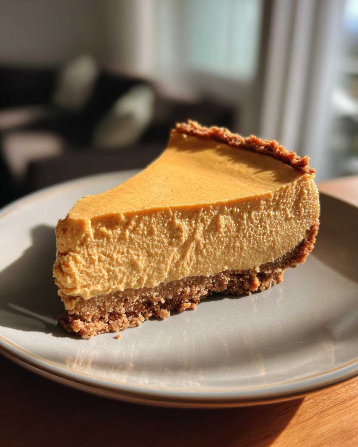 Gros plan d'une part de cheesecake citrouille keto sans cuisson sur une assiette grise.
