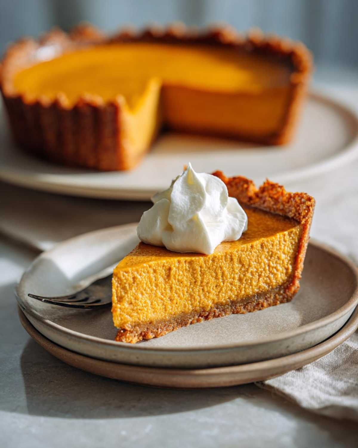 Gros plan d'une part de cheesecake citrouille keto sans cuisson, garnie de crème fouettée.