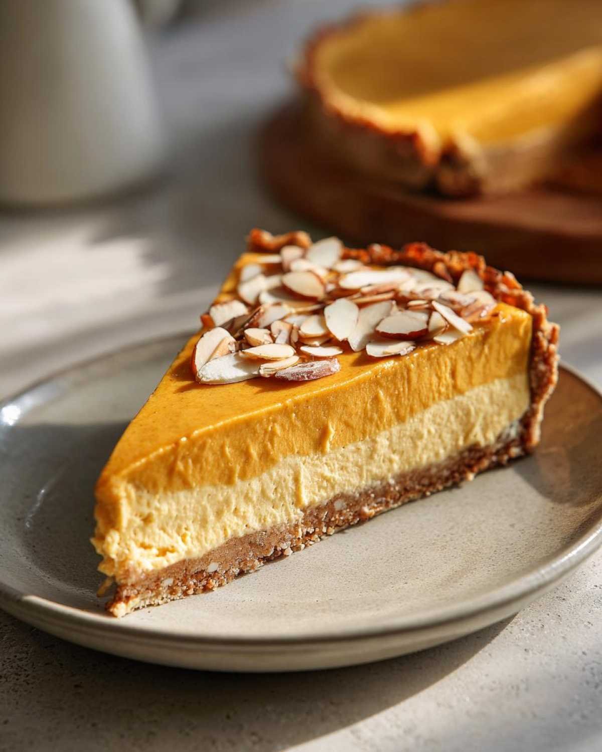 Gros plan d'une part de cheesecake citrouille keto sans cuisson garnie d'amandes effilées.