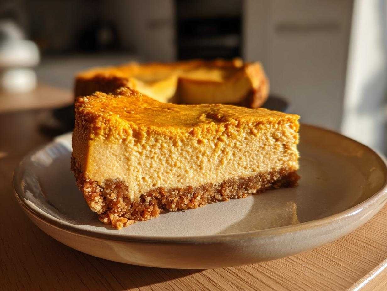 Gros plan sur une part de cheesecake citrouille keto sans cuisson sur une assiette, avec une croûte croustillante et une garniture crémeuse.