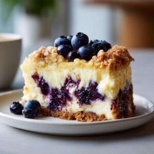 Gros plan d'une tranche de cheesecake crumble citron myrtille garnie de myrtilles fraîches.