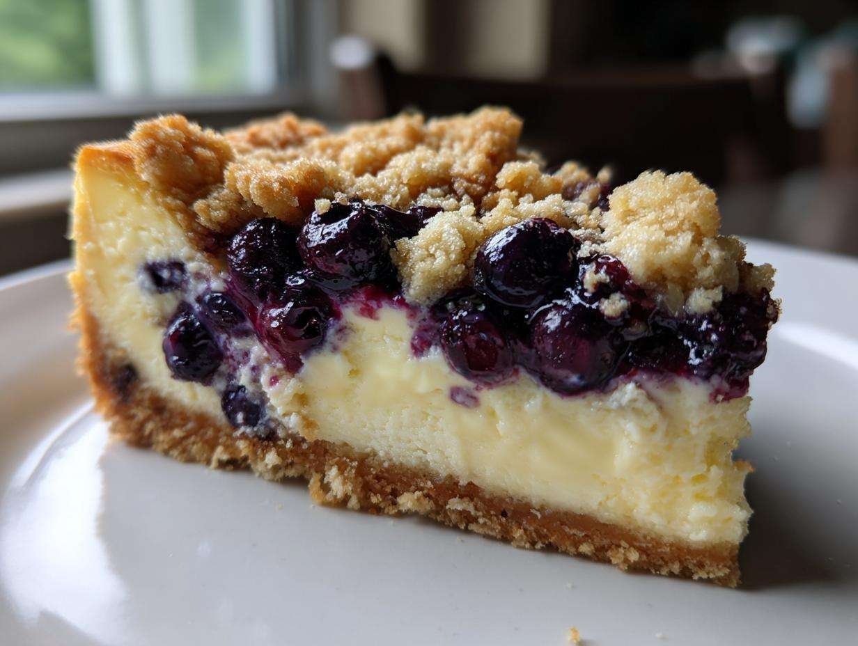 Gros plan sur une part de cheesecake crumble citron myrtille, avec une croûte dorée, une garniture crémeuse et des myrtilles juteuses.