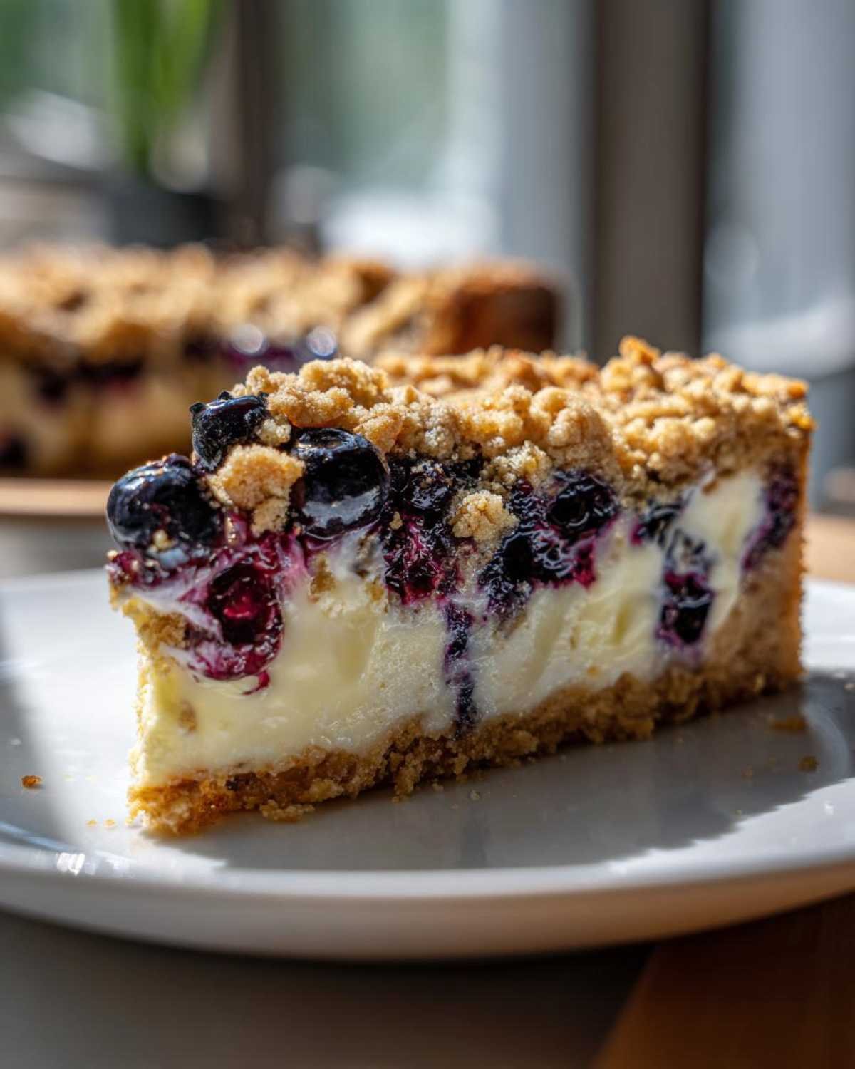 Gros plan sur une part de cheesecake crumble citron myrtille, avec des myrtilles fraîches et une garniture croustillante.