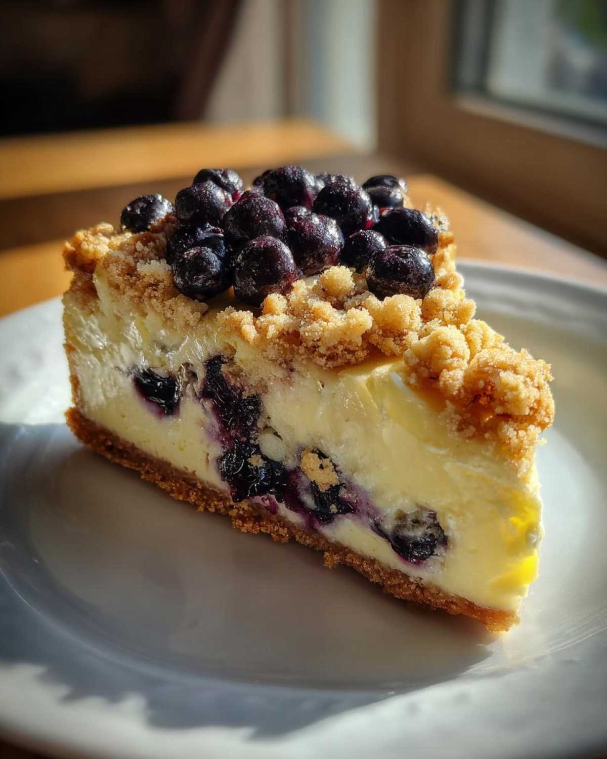 Gros plan sur une part de cheesecake crumble citron myrtille garnie de myrtilles fraîches et de crumble croustillant.