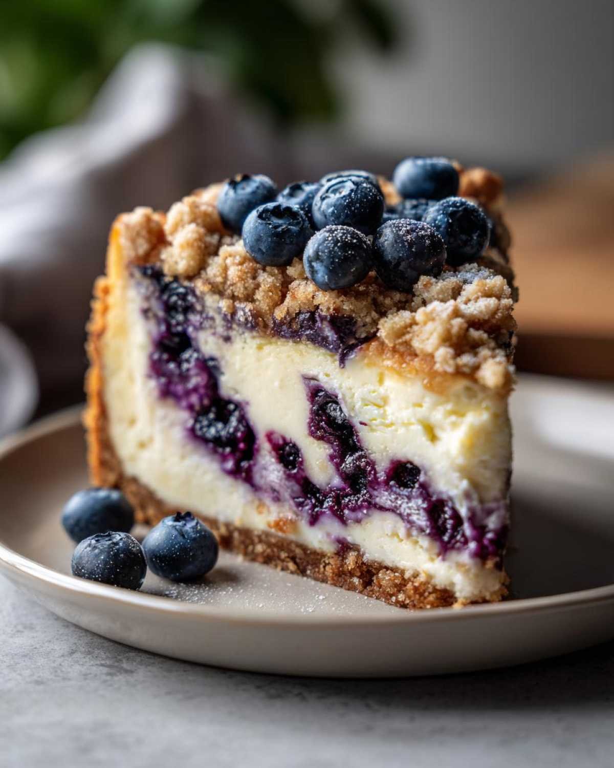 Gros plan sur une part de Cheesecake Crumble Citron Myrtille, garnie de myrtilles fraîches et de crumble croustillant.