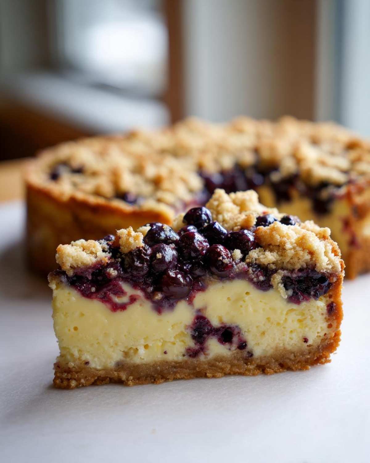 Gros plan sur une tranche de Cheesecake Crumble Citron Myrtille, avec une garniture généreuse de myrtilles et de crumble doré.