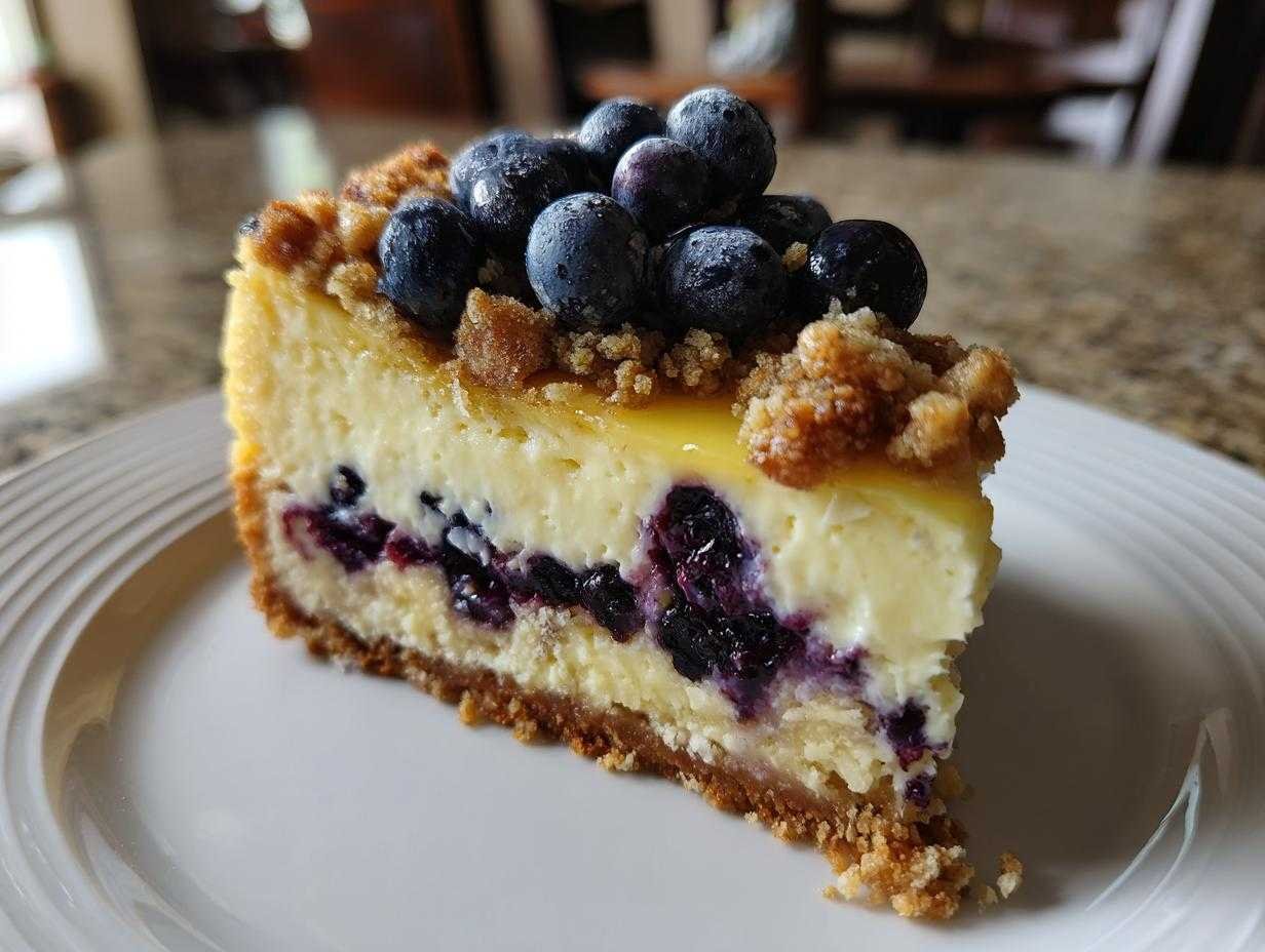 Une part de Cheesecake Crumble Citron Myrtille sur une assiette blanche, garnie de myrtilles fraîches.