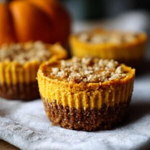 Gros plan sur des cheesecake cups citrouille keto individuels, garnis de crumble, sur une serviette en lin.