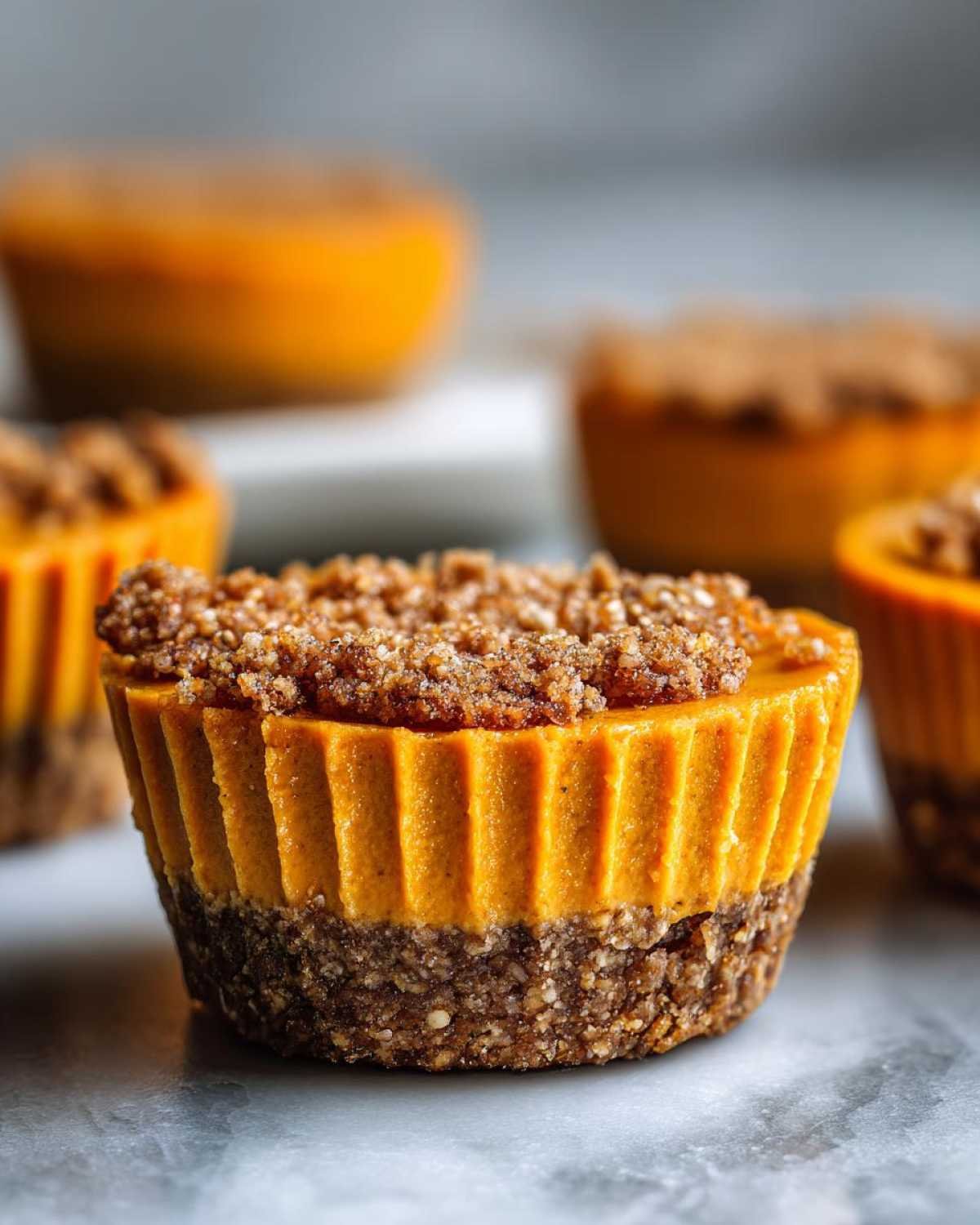 Gros plan sur des cheesecake cups citrouille keto individuels avec une garniture croquante.