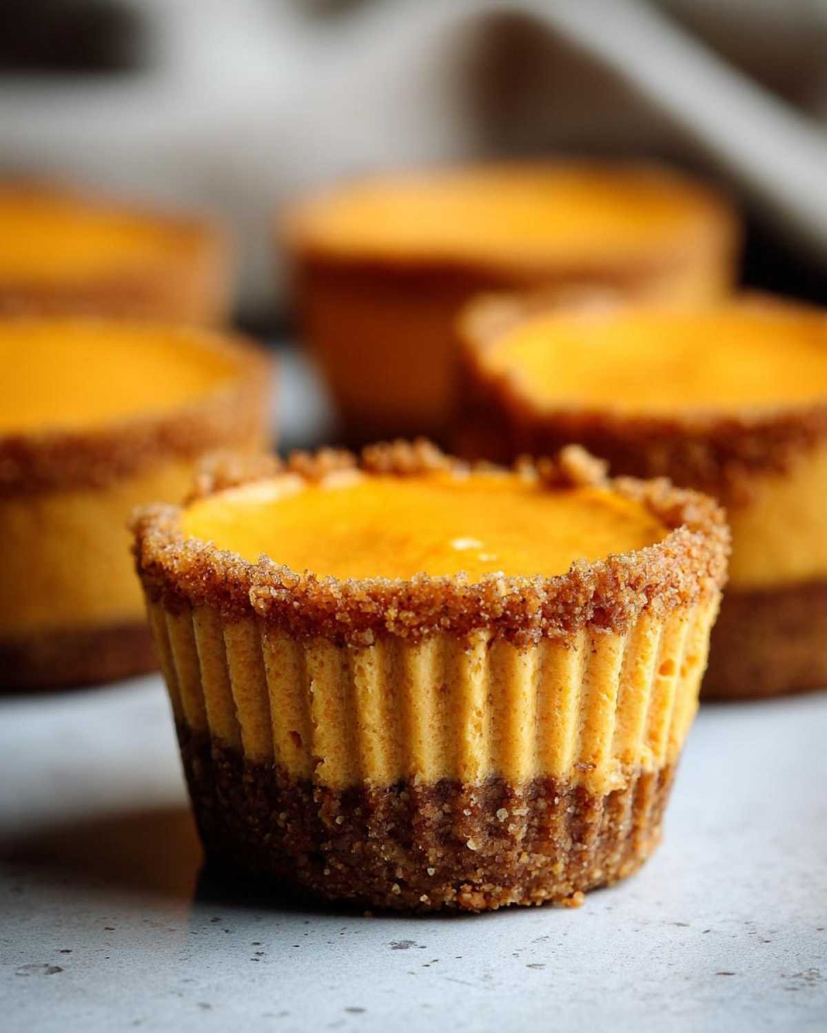 Gros plan sur une cheesecake cups citrouille keto individuelle, avec une croûte biscuitée et une garniture crémeuse orange.