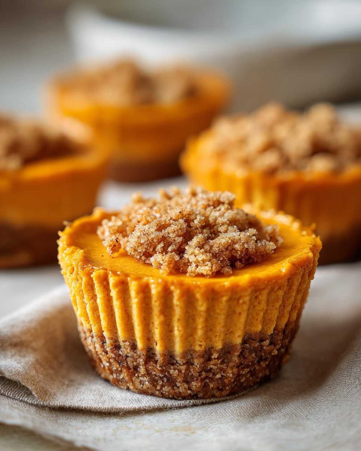 Gros plan sur des cheesecake cups citrouille keto individuels avec une garniture croustillante.