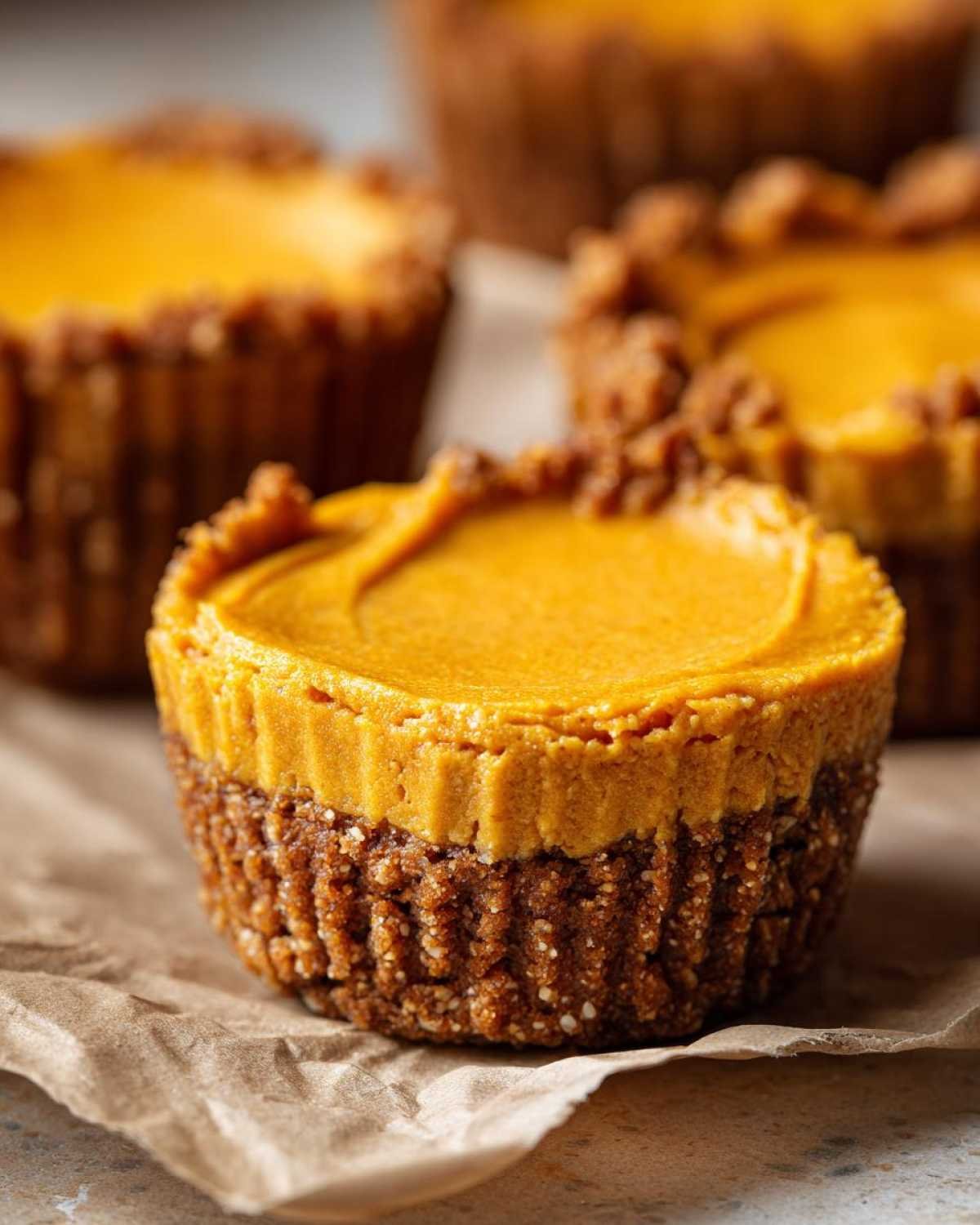 Gros plan sur des cheesecake cups citrouille keto sur du papier sulfurisé, avec une croûte foncée et une garniture orange vif.