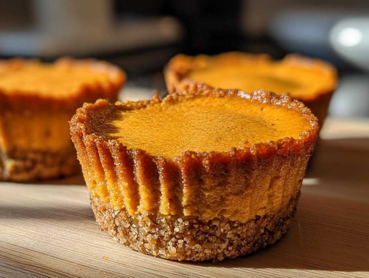 Gros plan sur des cheesecake cups citrouille keto sur une planche en bois, avec un fond flou.
