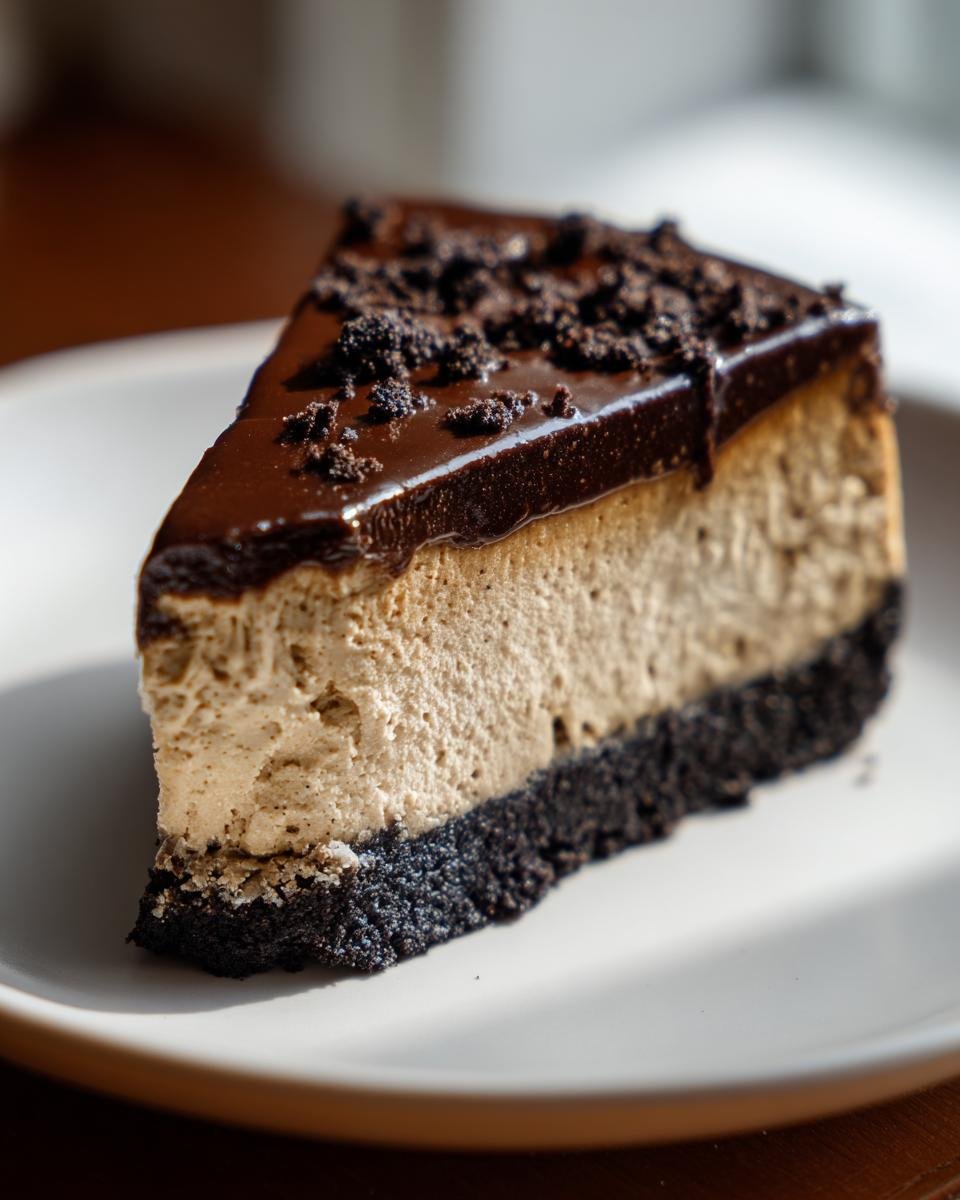 Gros plan d'une part de cheesecake à l'espresso avec un glaçage au chocolat et des miettes de biscuits.