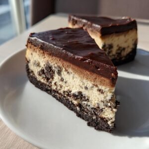 Gros plan sur une part de cheesecake à l'espresso avec une ganache au chocolat et des éclats de biscuits.
