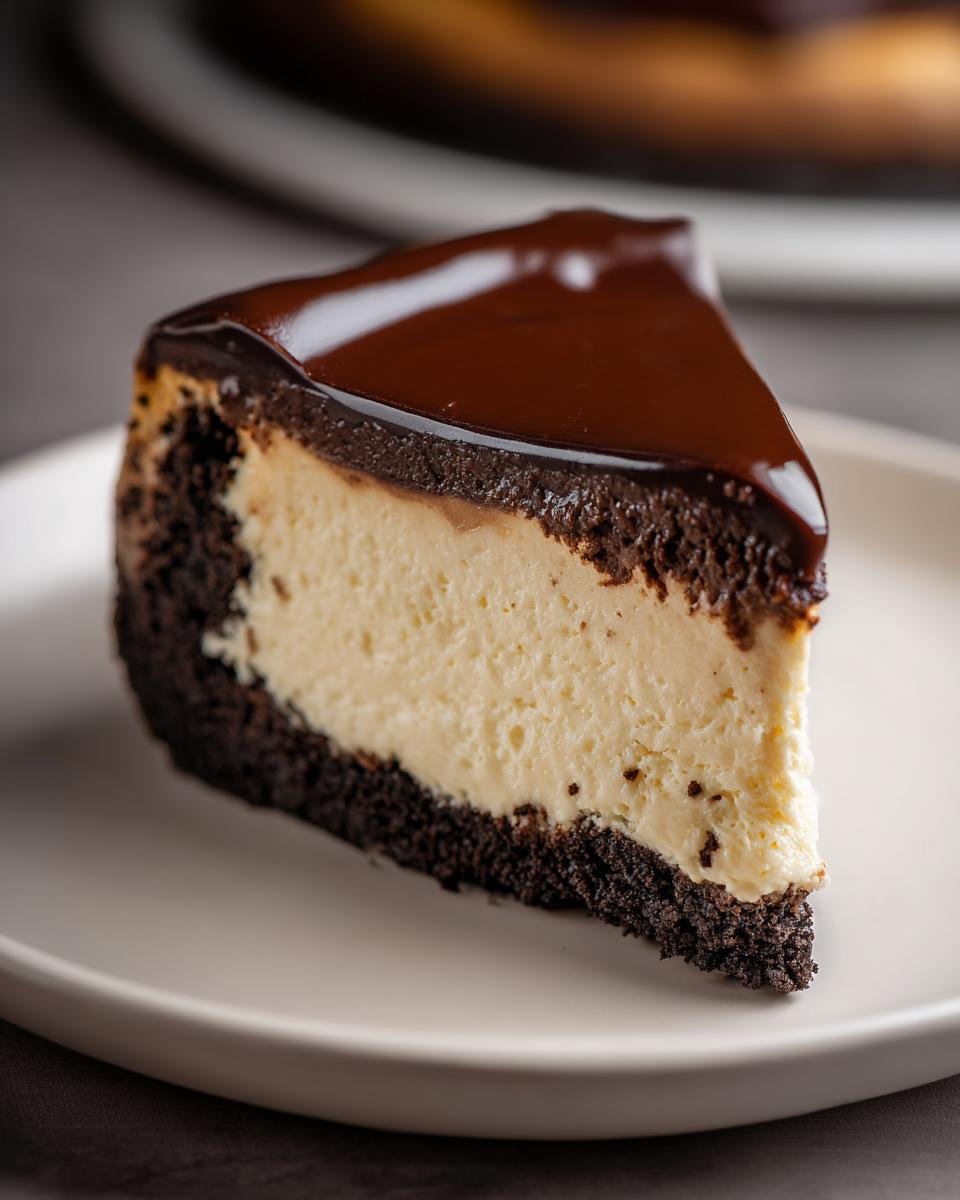 Gros plan d'une part de cheesecake à l'espresso avec une croûte au chocolat et un glaçage brillant.