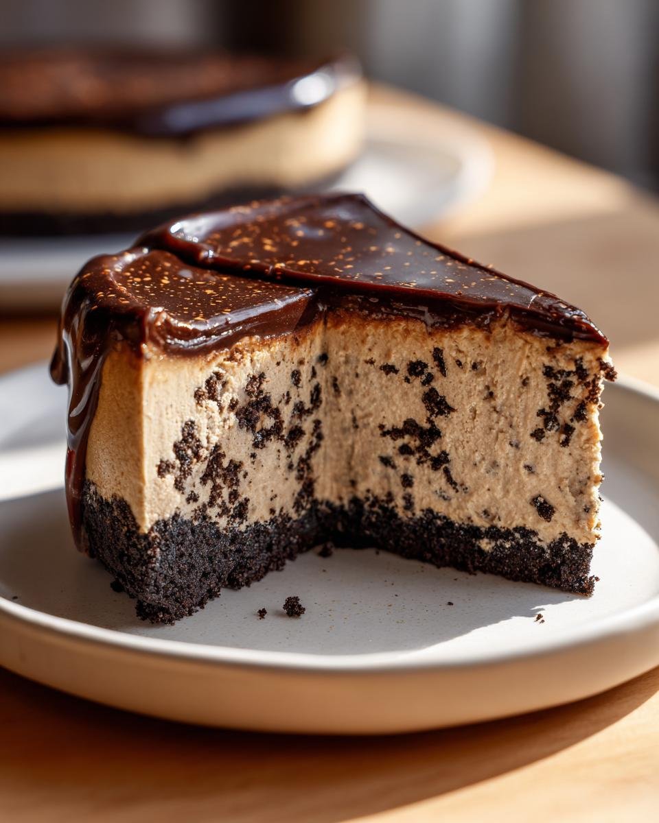 Gros plan d'une part de cheesecake à l'espresso avec une croûte foncée et un glaçage au chocolat.