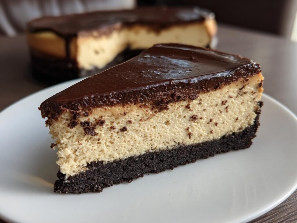 Gros plan d'une part de cheesecake à l'espresso sur une assiette blanche, avec un glaçage au chocolat.