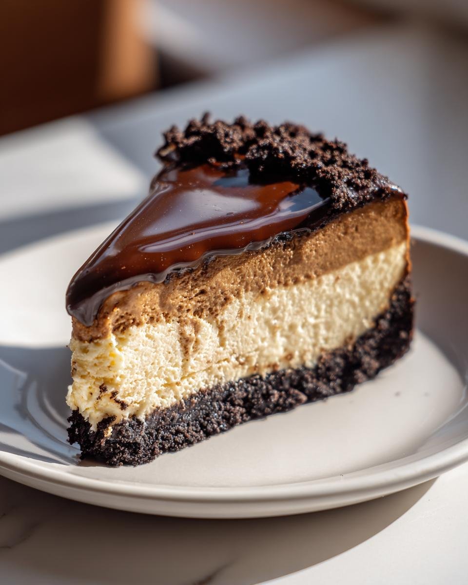 Gros plan d'une tranche de cheesecake à l'espresso avec une garniture au chocolat et des miettes.