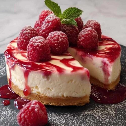 Cheesecake aux framboises sans cuisson avec coulis rouge