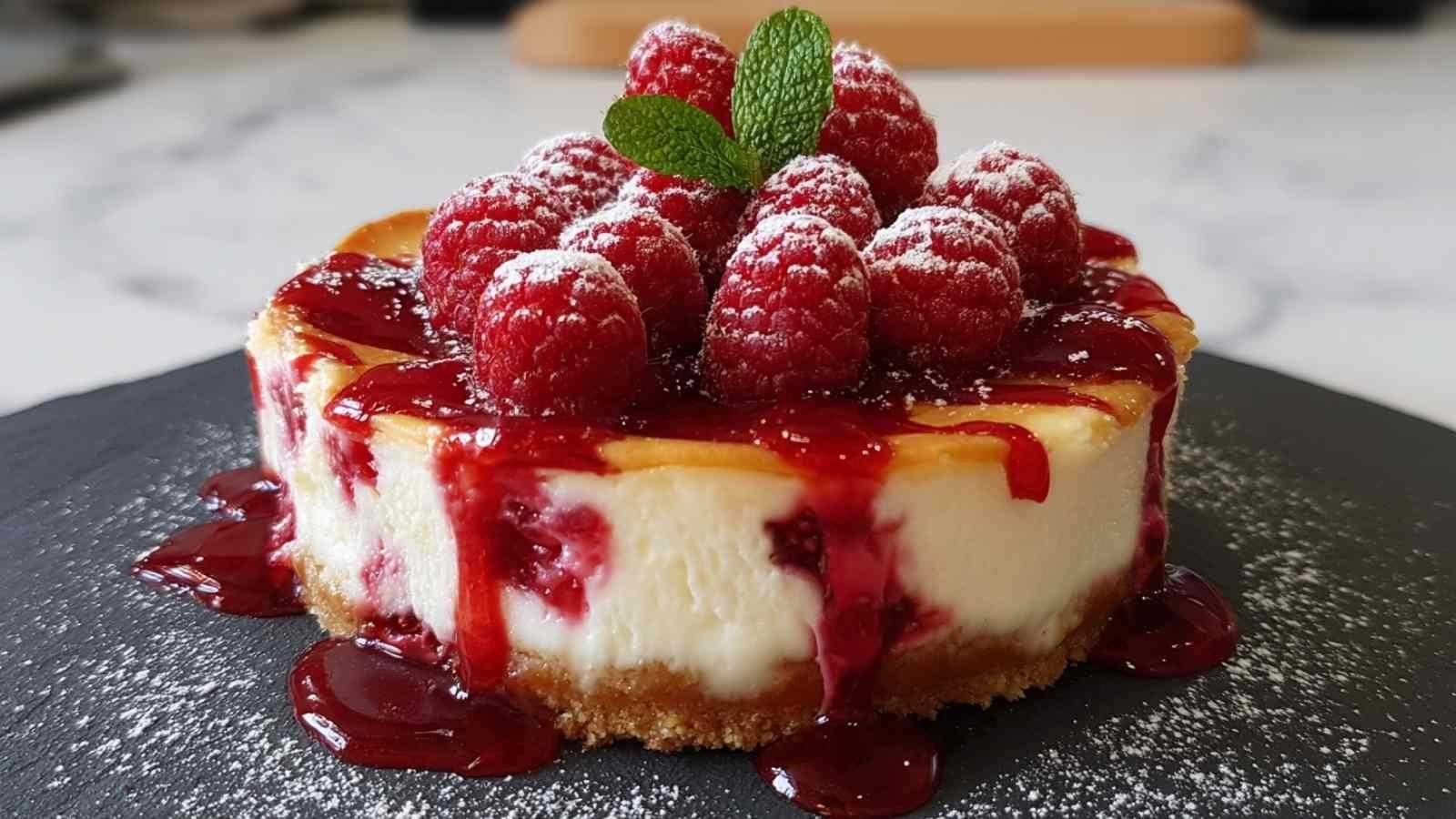Cheesecake aux framboises sans cuisson avec coulis rouge