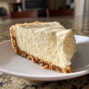 Gros plan sur une part de cheesecake keto 4 ingrédients sur une assiette blanche, avec une croûte croustillante.
