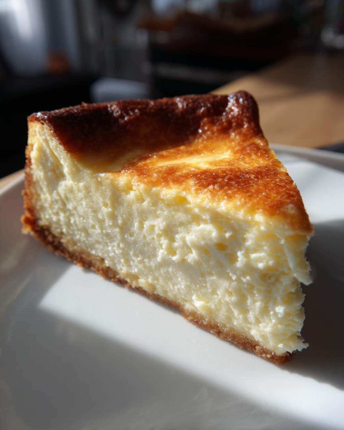 Gros plan d'une part de cheesecake keto 4 ingrédients sur une assiette blanche, avec une croûte dorée et une garniture crémeuse.
