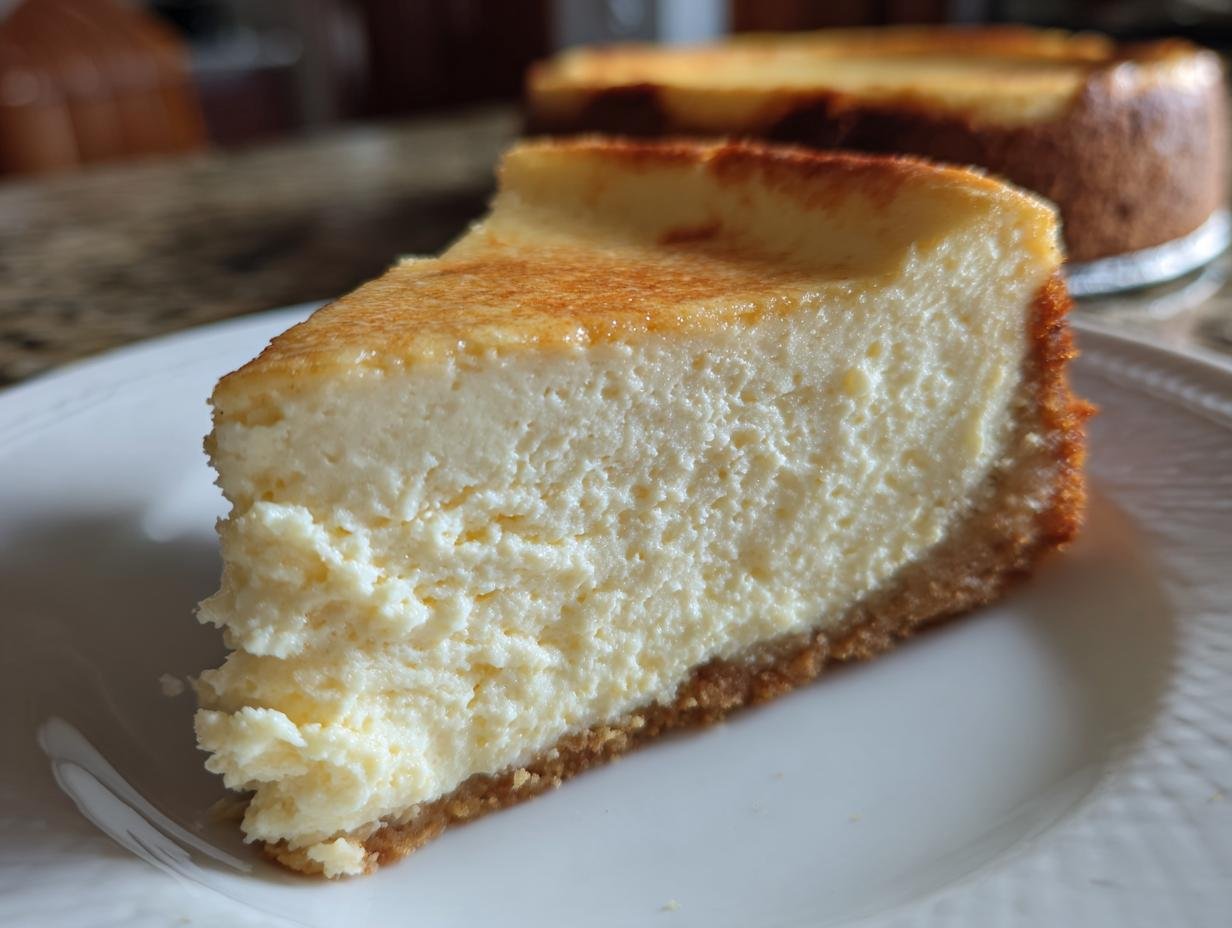Gros plan d'une part de cheesecake keto 4 ingrédients sur une assiette blanche, avec le reste du gâteau flou en arrière-plan.