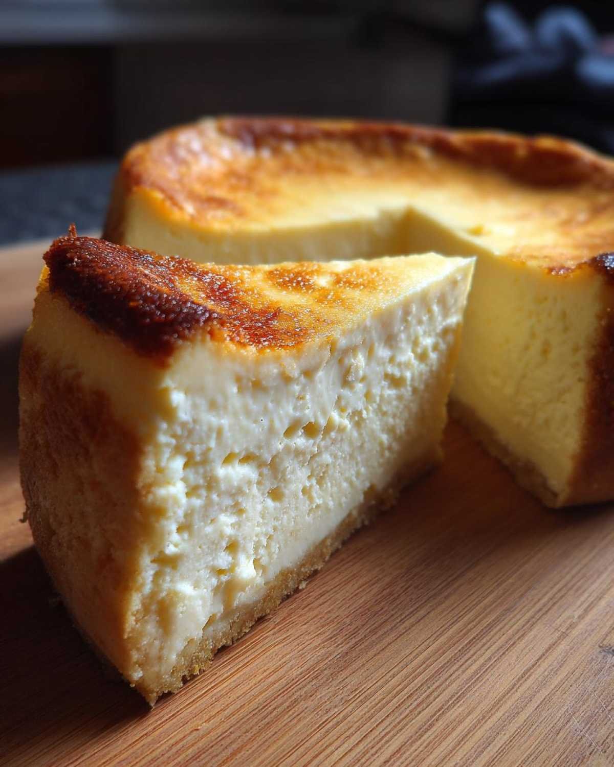 Gros plan sur une tranche de cheesecake keto 4 ingrédients sur une planche en bois, avec le reste du gâteau en arrière-plan.