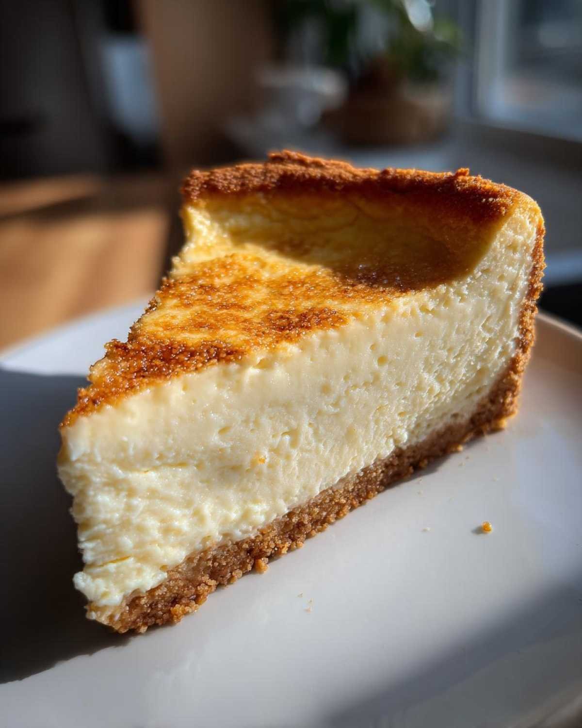 Gros plan d'une tranche de cheesecake keto 4 ingrédients sur une assiette blanche.