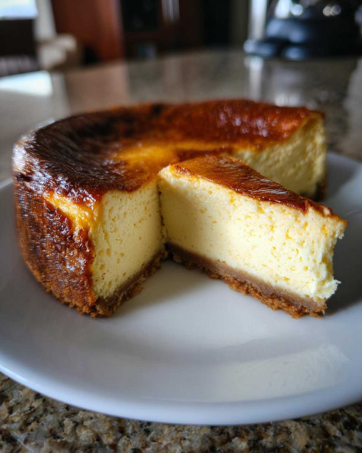 Gros plan d'une tranche de cheesecake keto 4 ingrédients sur une assiette blanche, avec une croûte dorée et une texture crémeuse.