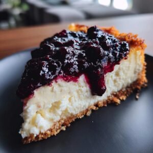 Gros plan sur une part de cheesecake keto aux myrtilles, avec une garniture généreuse de fruits rouges.