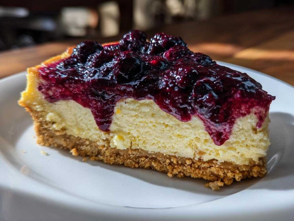 Gros plan d'une part de cheesecake keto aux myrtilles sur une assiette blanche.