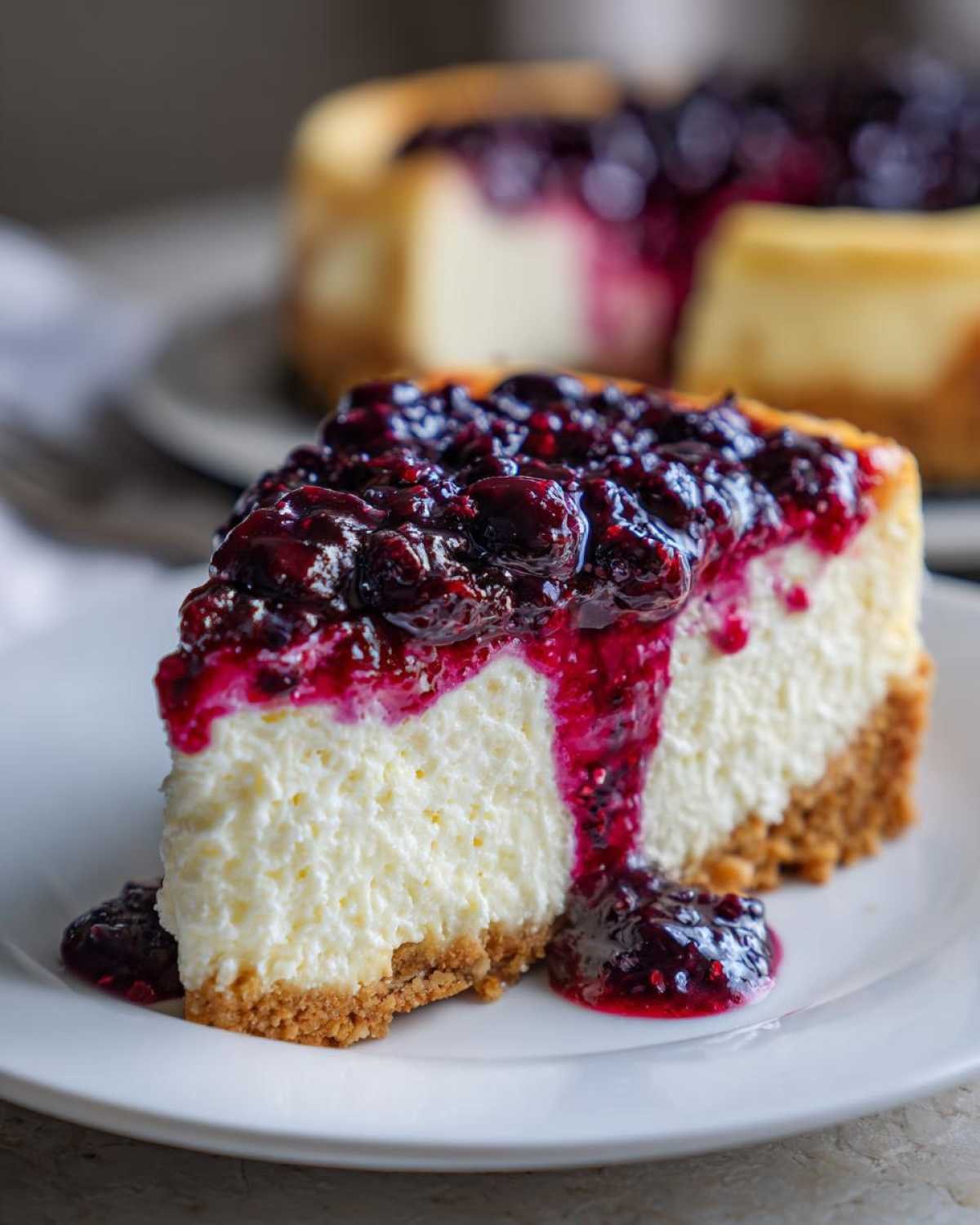 Gros plan d'une part de cheesecake keto aux myrtilles, garnie de coulis de fruits rouges.