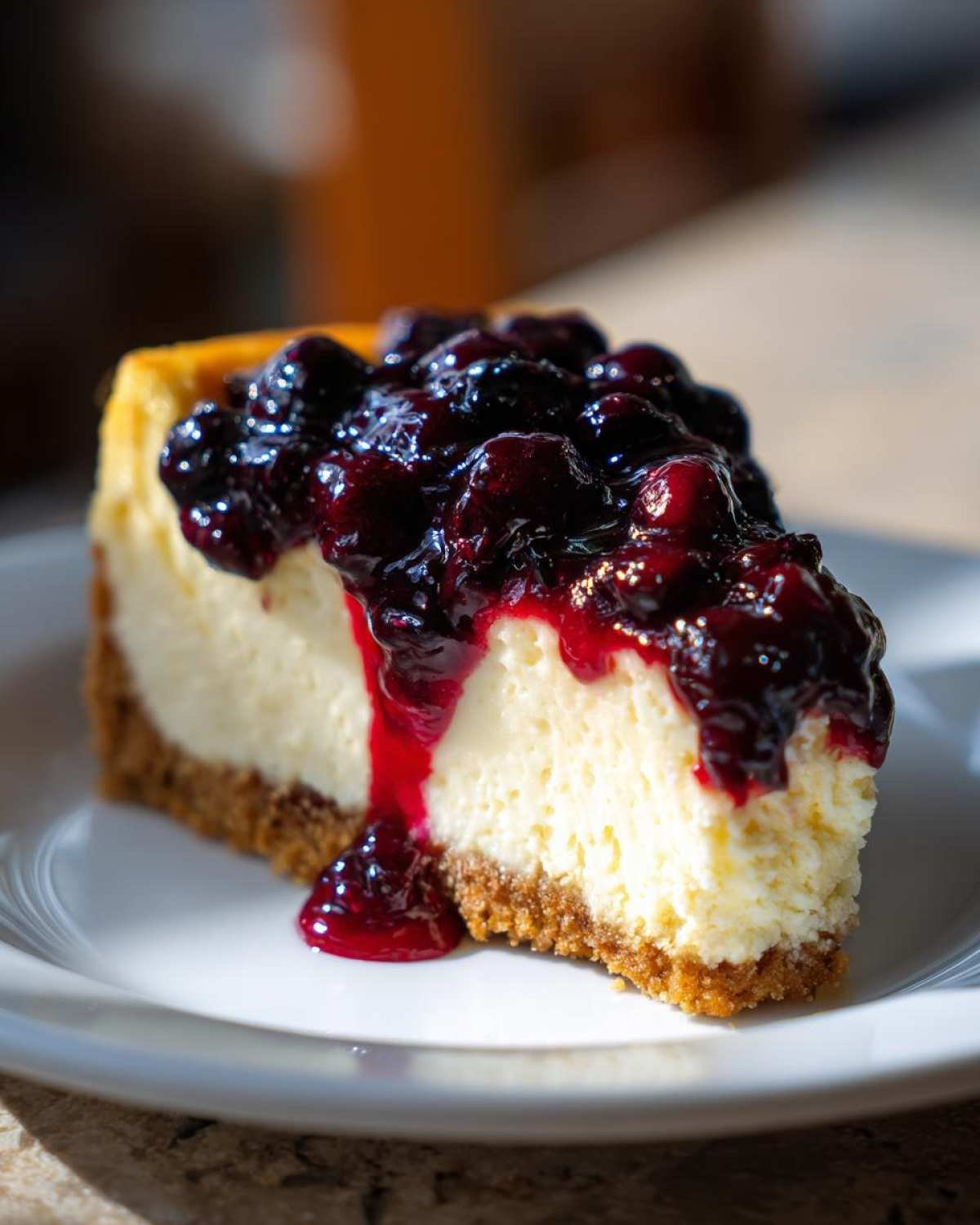 Gros plan d'une part de cheesecake keto aux myrtilles, avec un coulis de fruits rouges dégoulinant.