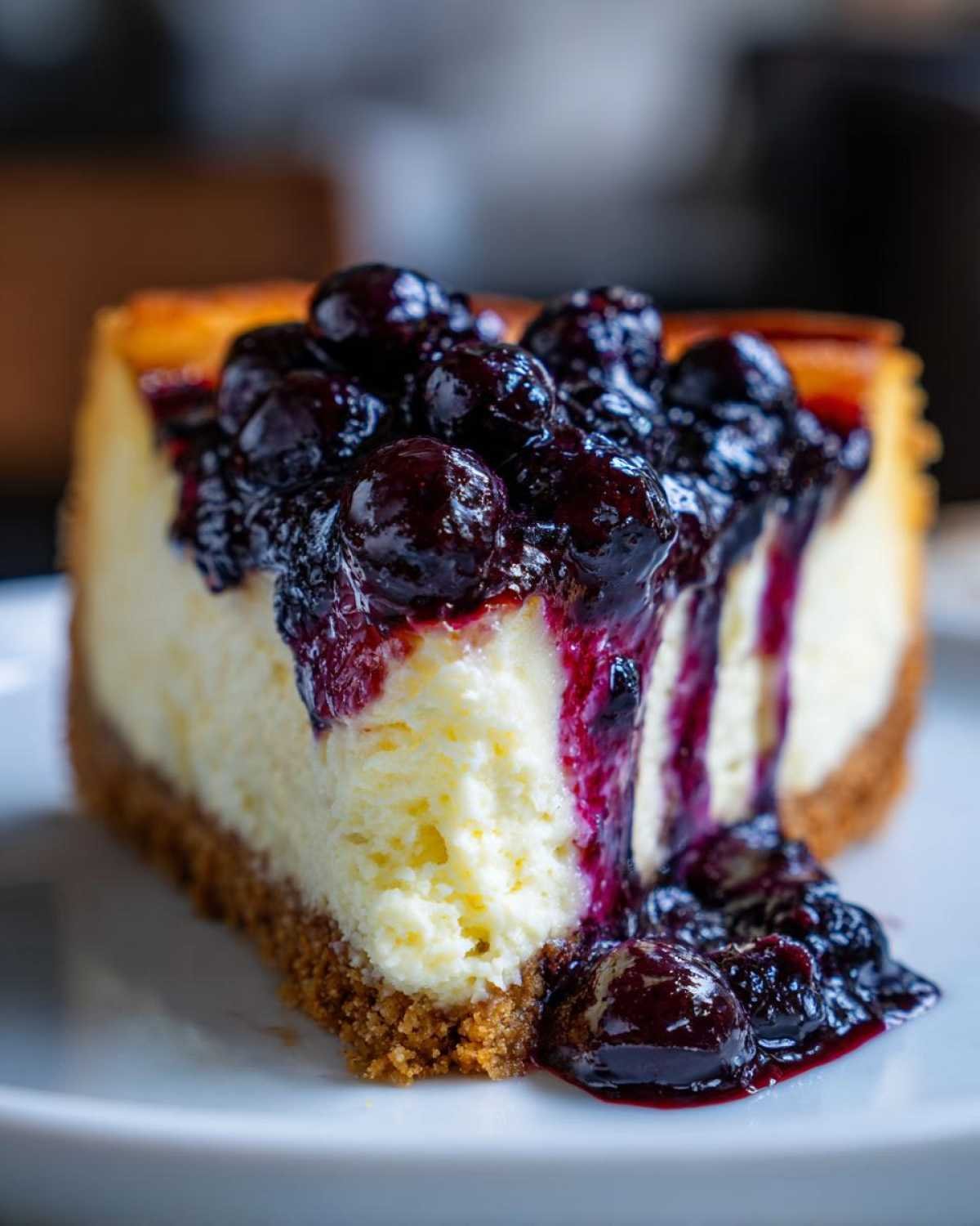 Gros plan d'une part de cheesecake keto aux myrtilles, avec un coulis de myrtilles dégoulinant.