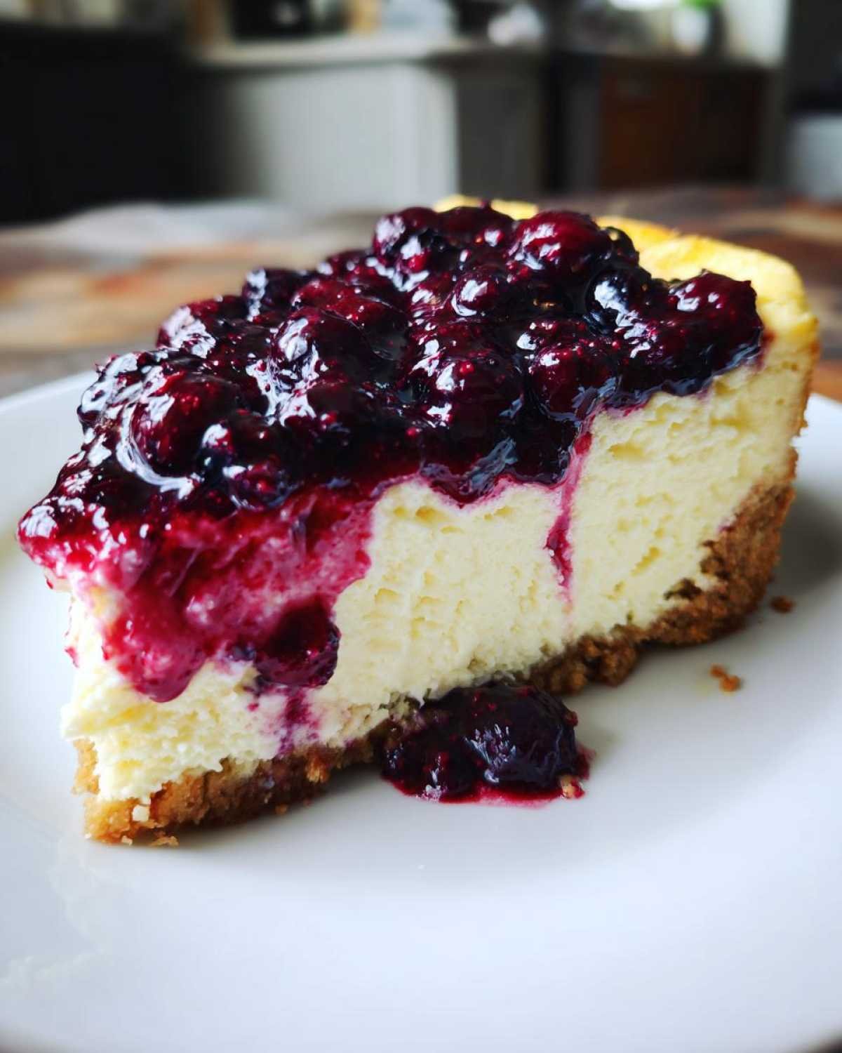 Gros plan d'une tranche de cheesecake keto aux myrtilles, avec un coulis généreux.