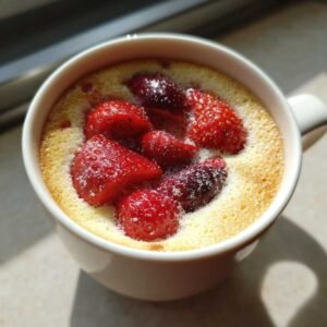 Gros plan d'un cheesecake keto dans une tasse garni de fraises fraîches et de sucre glace.