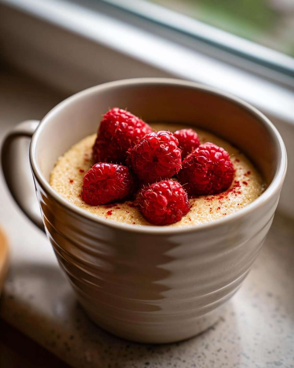 Gros plan d'un cheesecake keto dans une tasse, garni de framboises fraîches et d'une pincée de poudre rouge.