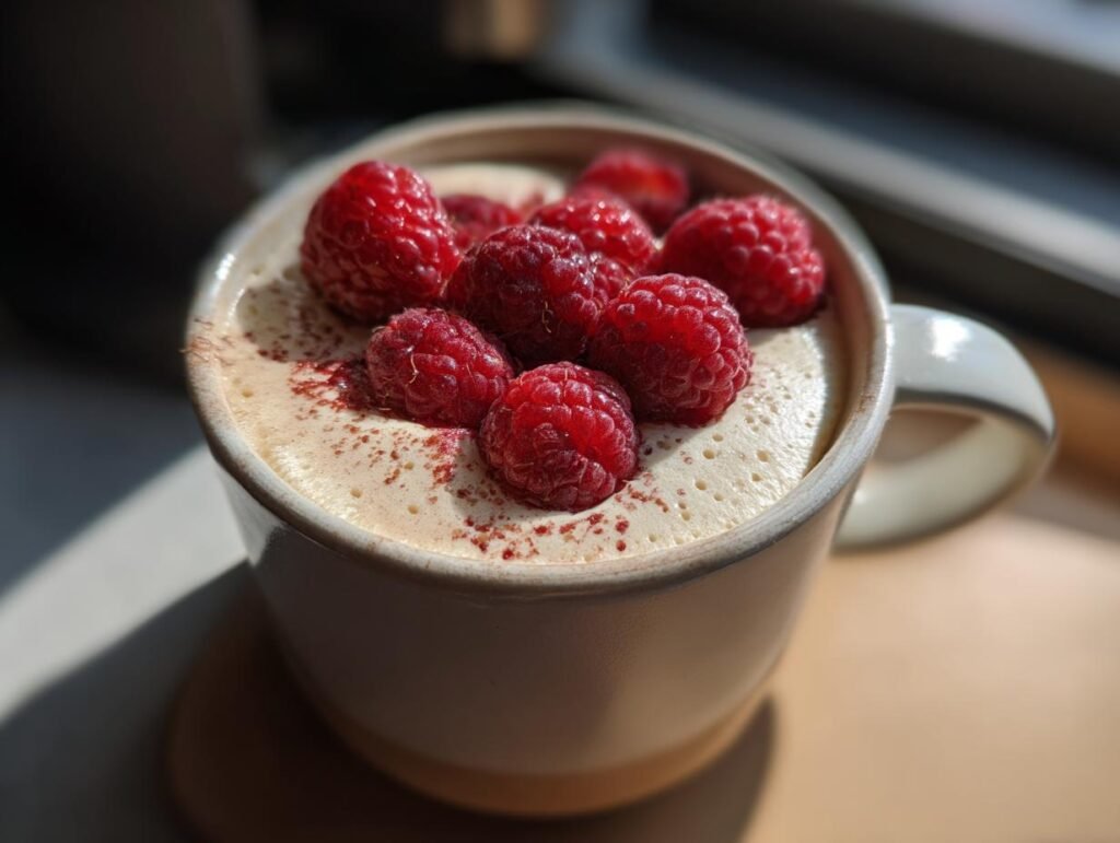 Gros plan d'un cheesecake keto dans une tasse, garni de framboises fraîches et d'une pincée de cacao.