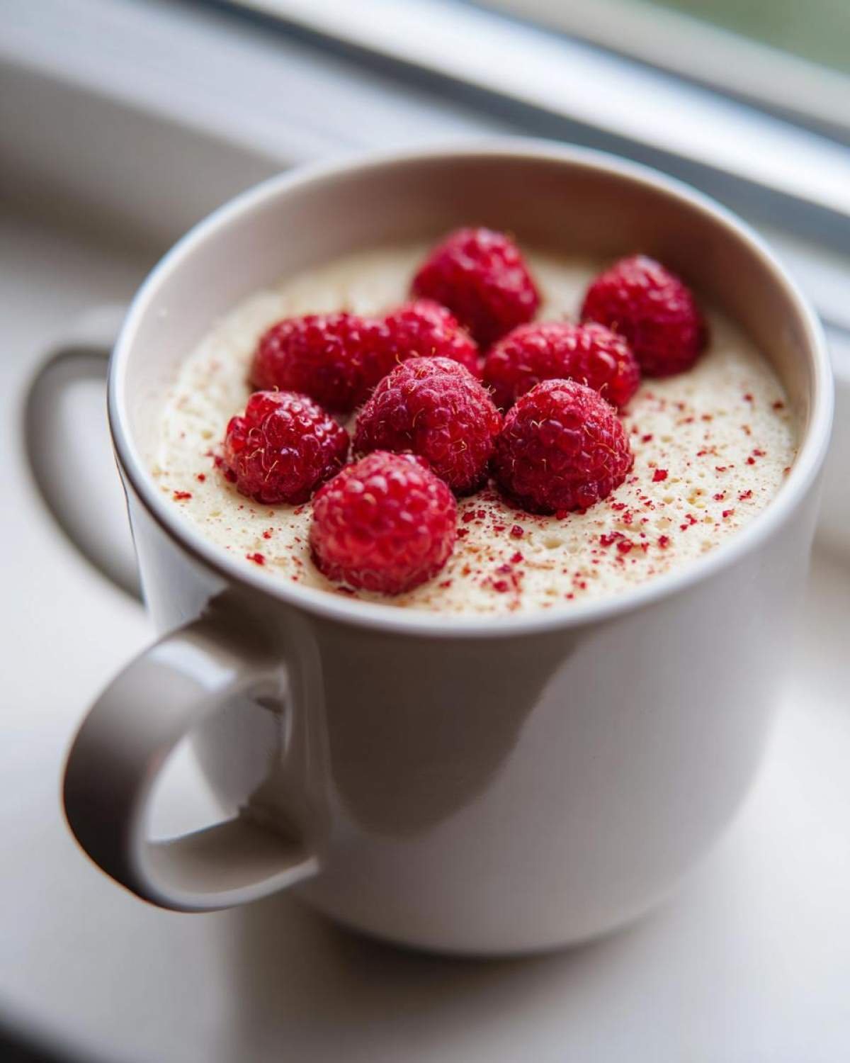 Gros plan d'un cheesecake keto dans une tasse, garni de framboises fraîches et d'une pincée de poudre rouge.