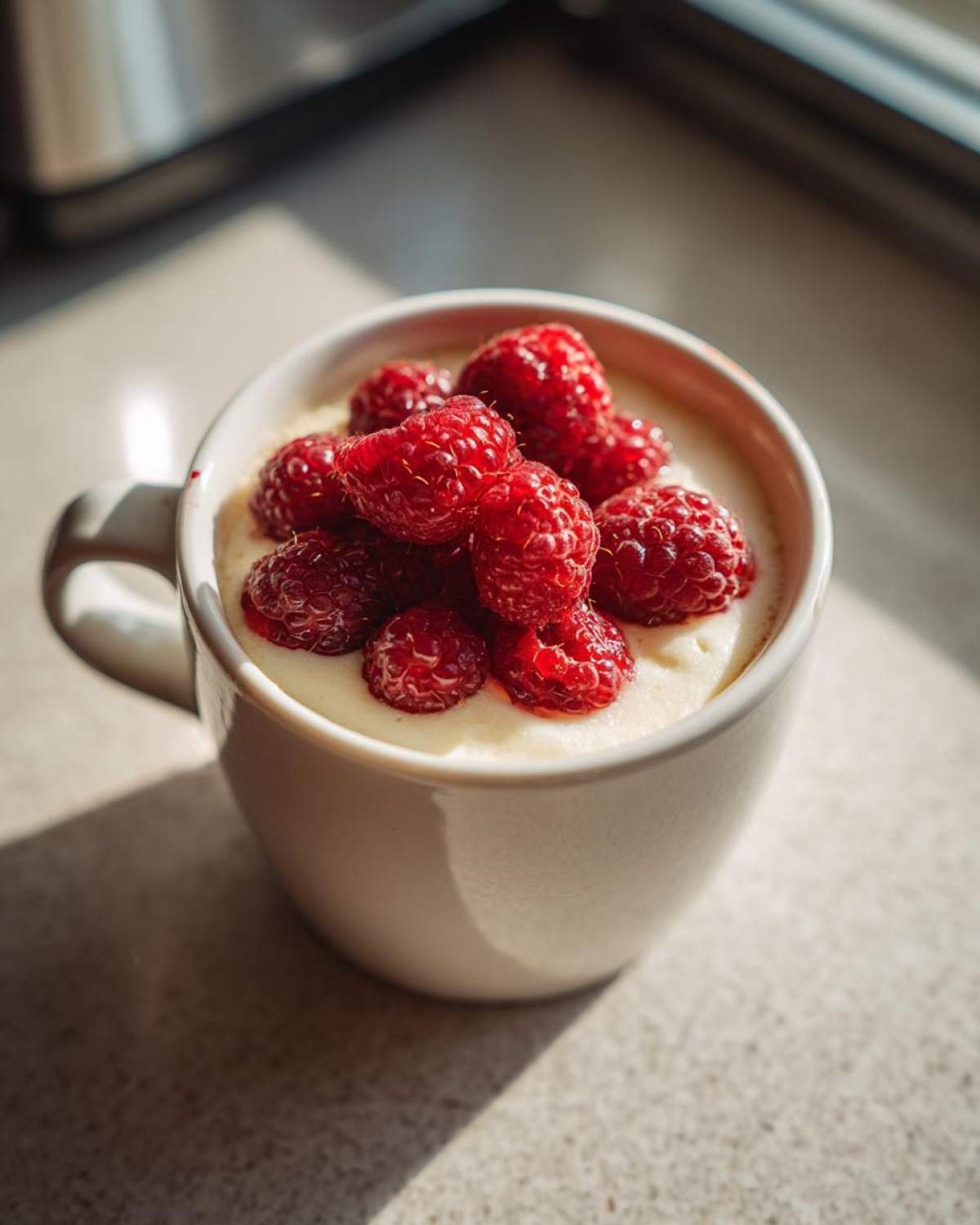 Gros plan d'un cheesecake keto dans une tasse, garni de framboises fraîches.