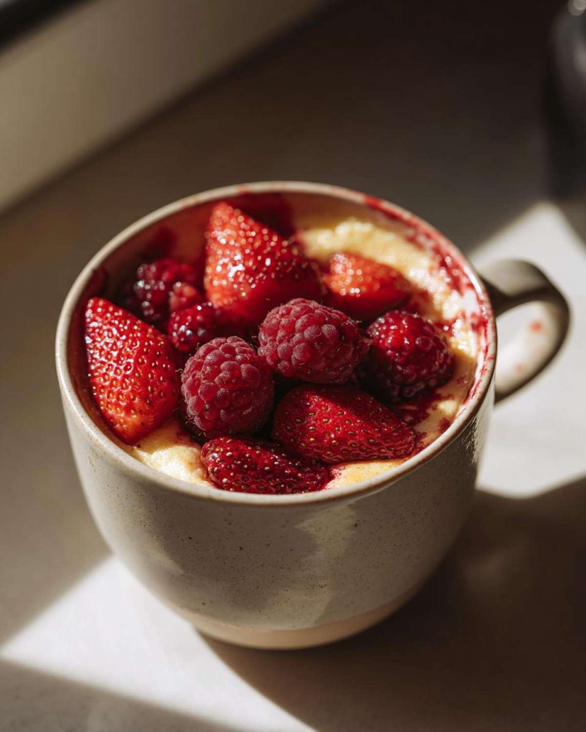 Gros plan d'un cheesecake keto dans une tasse garni de fraises et de framboises fraîches.