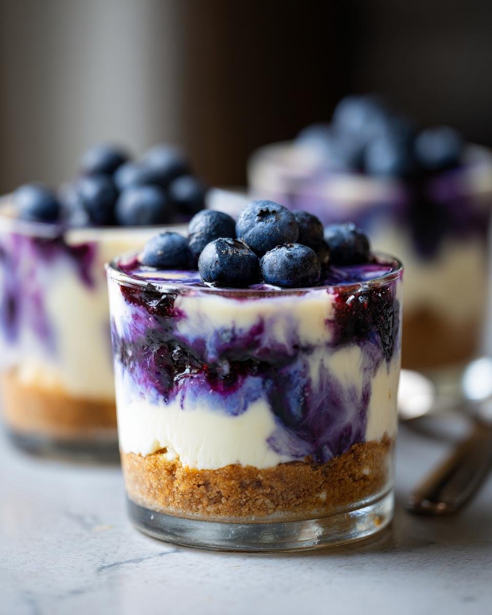 Gros plan d'un cheesecake aux myrtilles sans cuisson en verrine, garni de myrtilles fraîches.