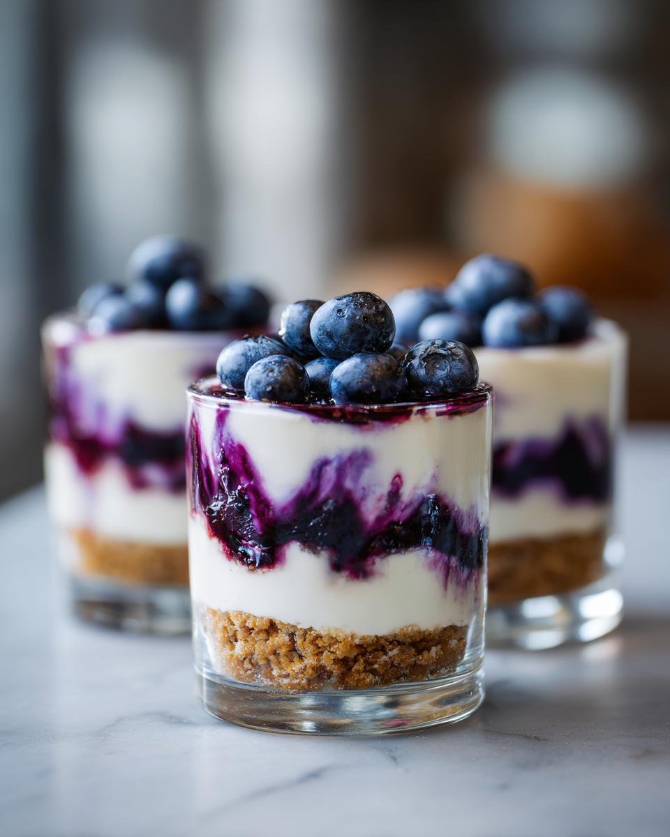 Gros plan sur un cheesecake aux myrtilles sans cuisson servi dans une verrine, garni de myrtilles fraîches.
